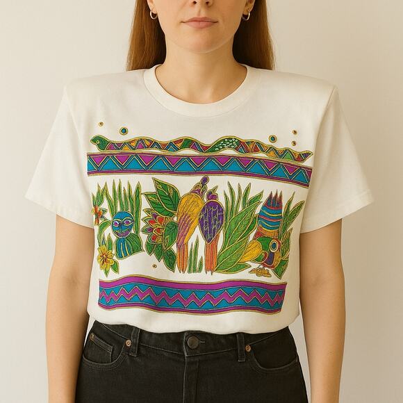 American Vintage Tops - K.W.B.L. Los Angeles White Embellished Novelty T-Shirt One Size Hand Painted